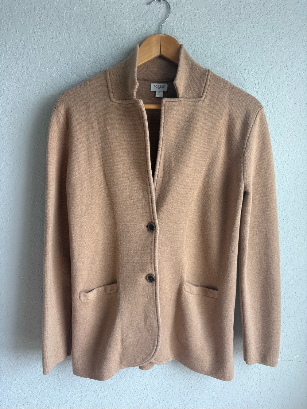 J.Crew Camel Sweater Blazer Cardigan Jacket Size Medium Knit Two Button - Picture 2 of 6